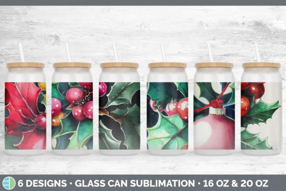 Christmas Holly Glass Can Sublimation Illustrations