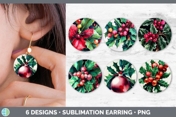 Christmas Holly Round Earring Sublimat Illustrations