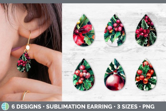 Christmas Holly Teardrop Earring Subli Illustrations