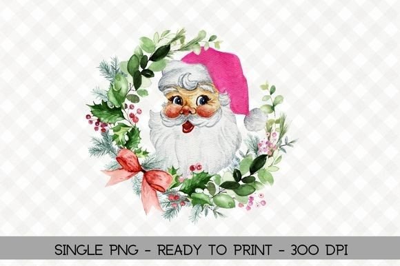 Pink Christmas Retro Santa with Wreath Illustration